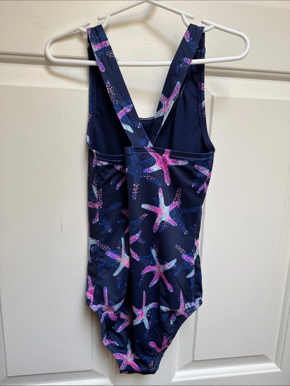 Lands End Girls size 6-7 S Navy Blue w/ Pink & Green Starfish 1 Piece Swimsuit - Picture 14 of 17